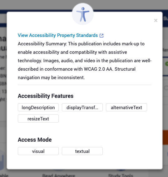 VitalSource Accessibility details window