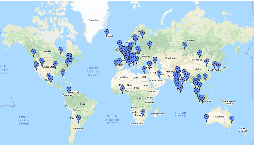 World map showing Obi usage in Europe, Asia, Australia, America and Africa