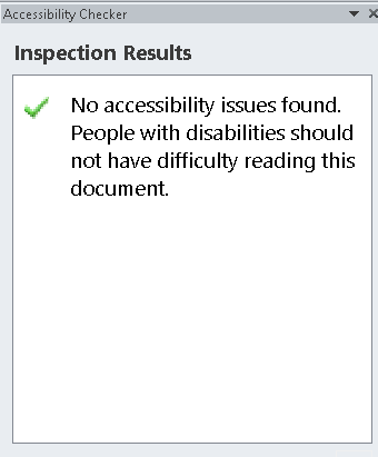 Screenshot of the Accessibility Checker Inspection Results showing no issues found message 