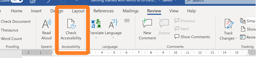 Screenshot of the Word ribbon showing the Check Accessibility button