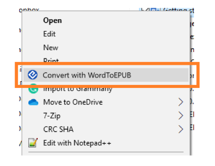 Screenshot of context menu from File Explorer showing option Convert with WordToEPUB