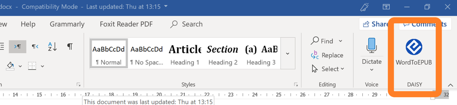 Screenshot of the Word ribbon showing the WordToEPUB button