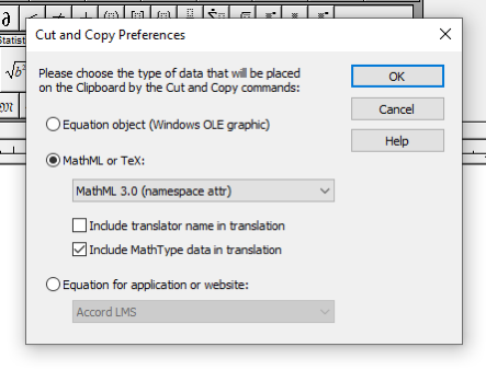 Screenshot of the MathType Cut and Copy Preferences dialog