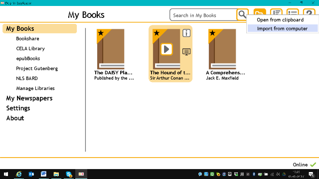 EasyReader Bookshelf and the Open book menu