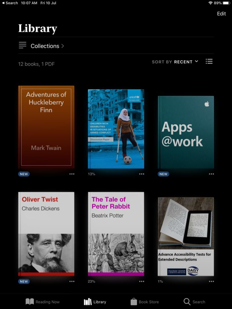 Books app library screen in night mode