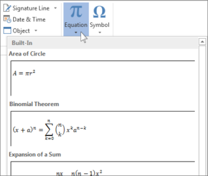 Insert equation button and the gallaery of equations available for insertion in Word