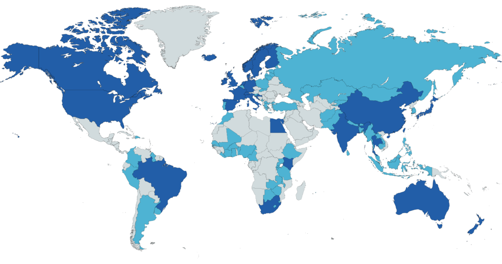 World map approximately three quarters highlighted in blue to illustrate the DAISY Consortium global community.
