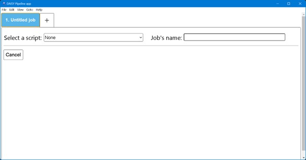 Screenshot of DAISY Pipeline App window. There is one default tab and 'Select a script' list box. 