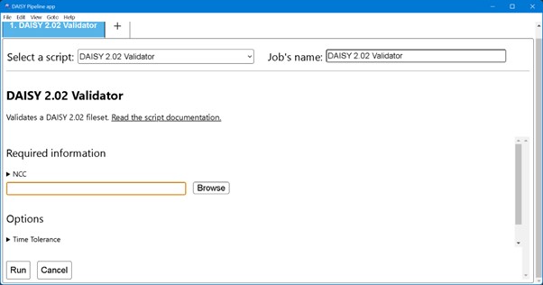 DAISY Pipeline window with a script selected. The Required information and Options section are in view 