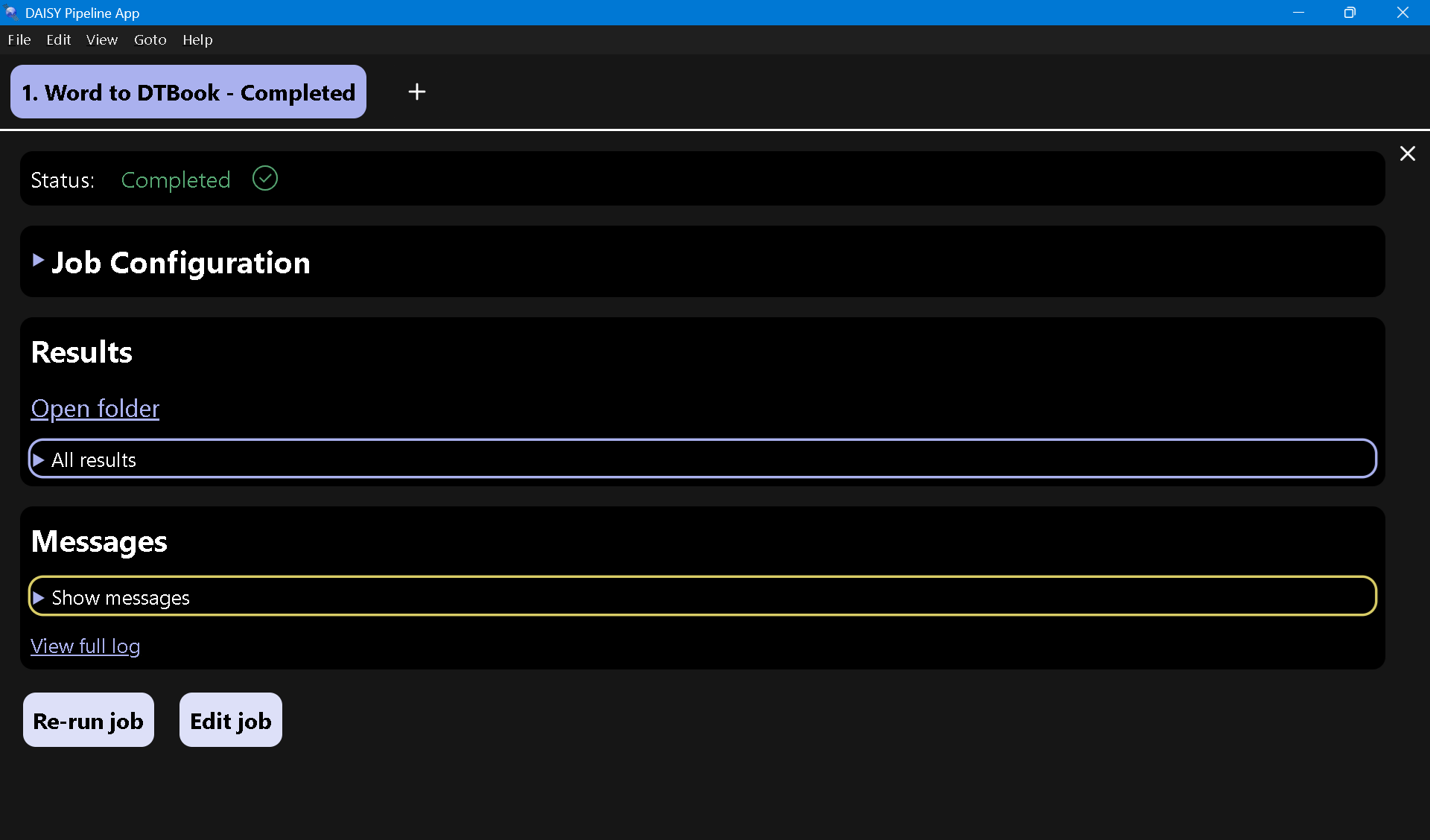 The DAISY Pipeline App window displaying status,  results and messages on completion of a job. 