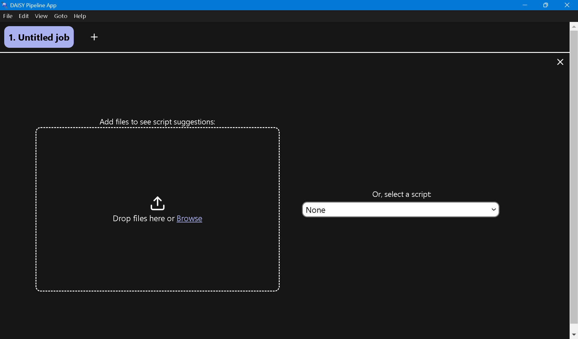 Screenshot of DAISY Pipeline App window. There is one default tab and drop files area and a select a script list box. 