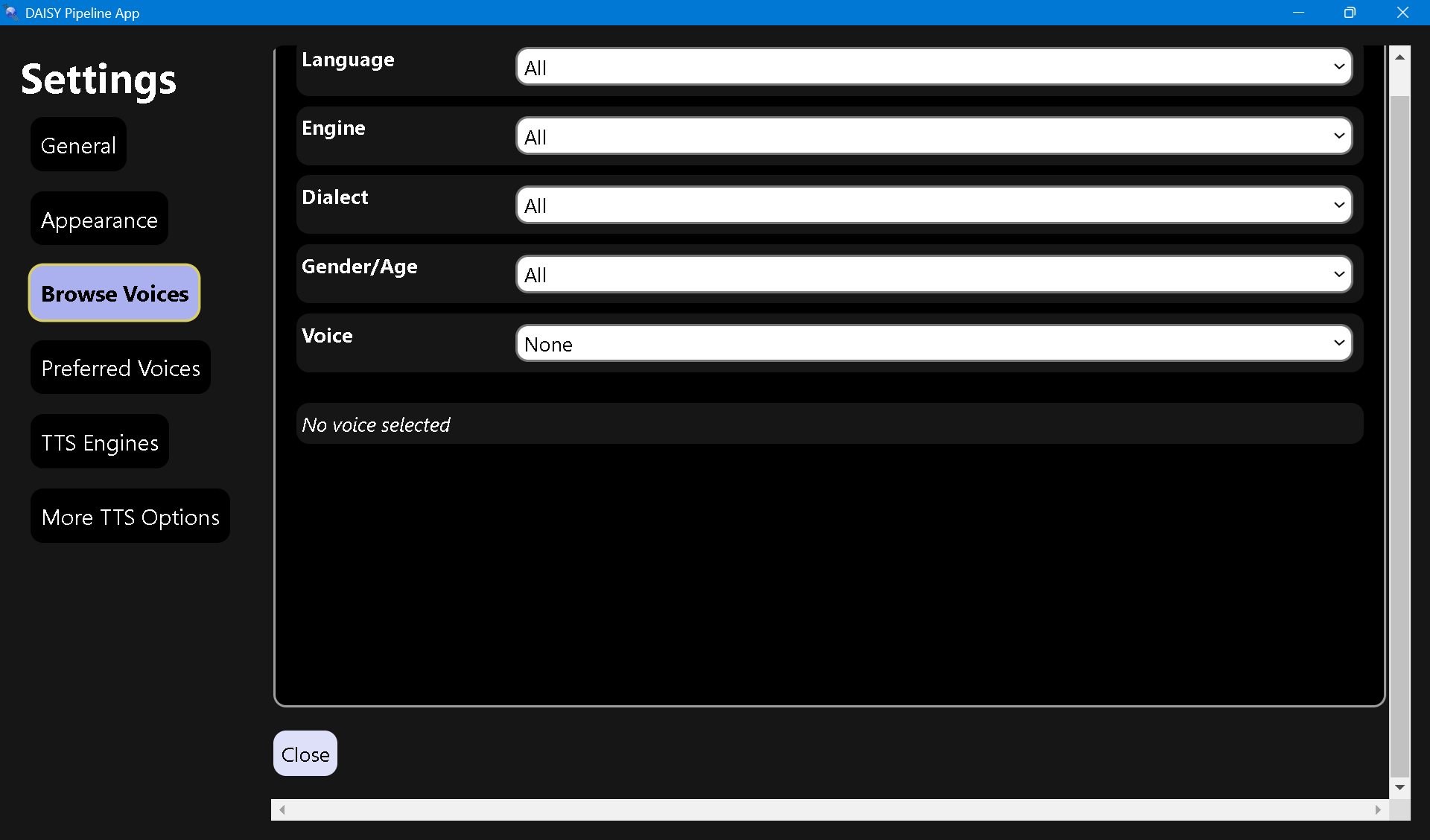 The Settings window of the DAISY Pipeline App