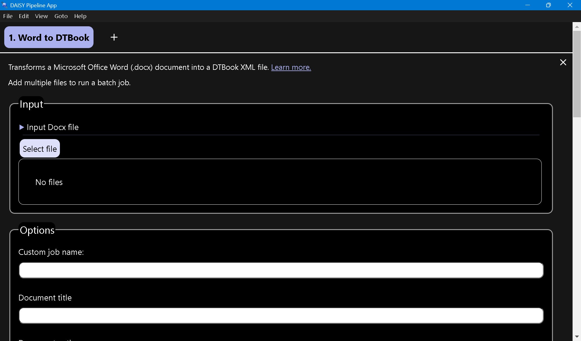 DAISY Pipeline window with a script selected. The Required information and Options section are in view 