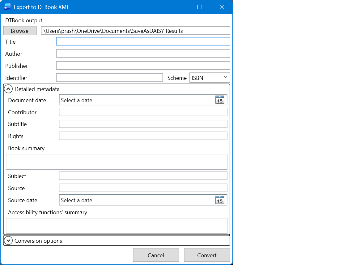 The Save as DAISY Translation dialog