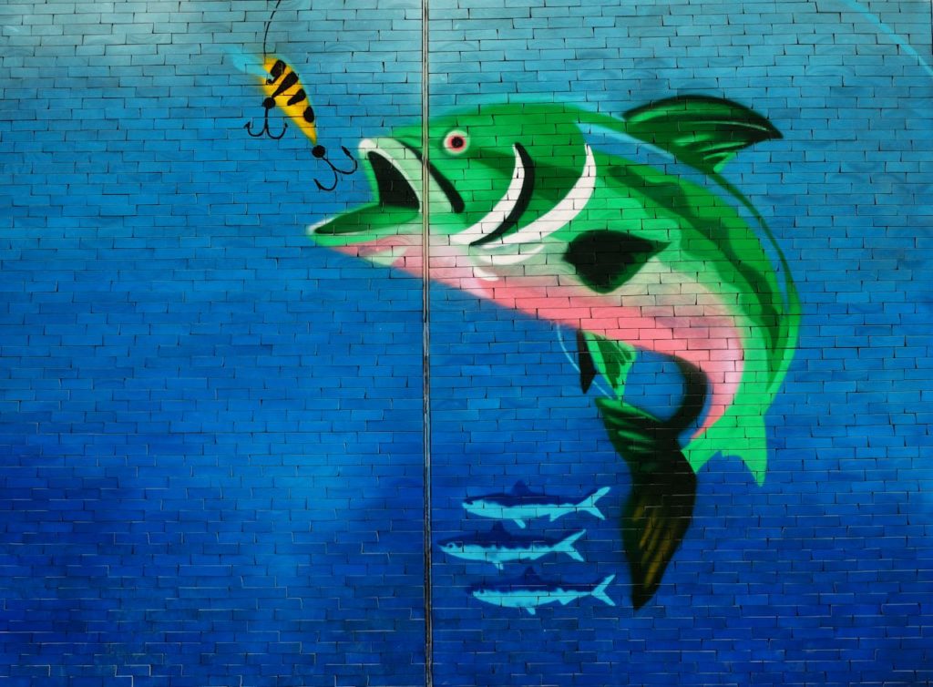 test description image of a fish painting on a brick wall