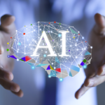 illustration of a digital brain labelled AI within a pair of hands