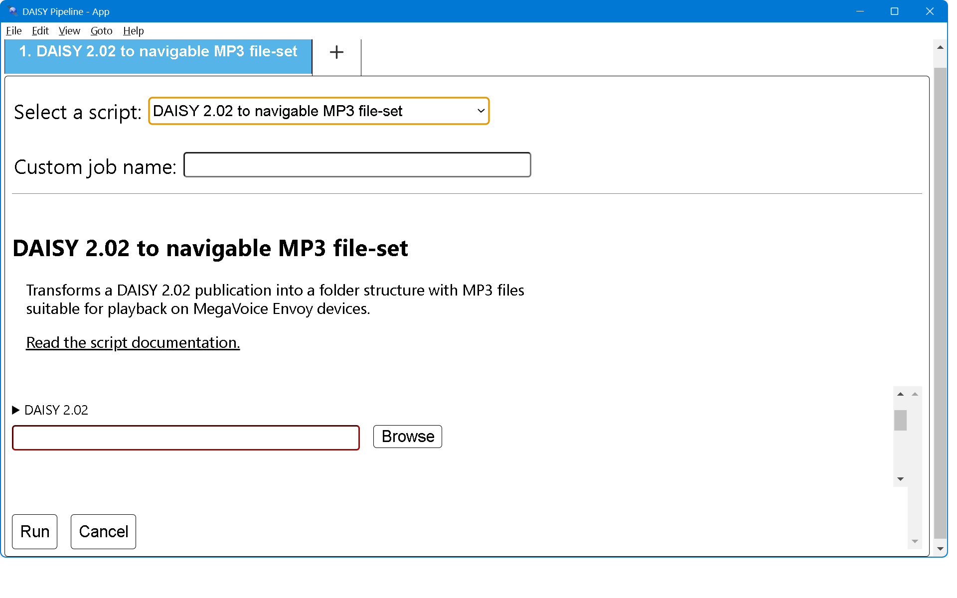 The DAISY Pipeline app screen showing the DAISY 2.02 to multi level MP3 conversion script configuration options