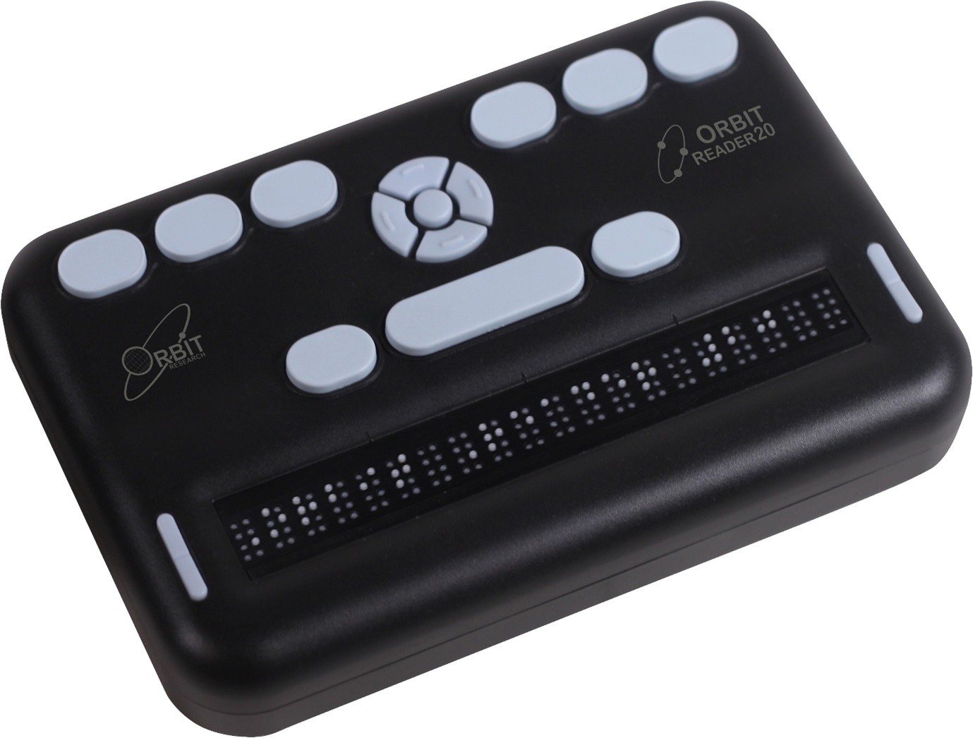 Photo showing an angled perspective view of the Orbit Reader 20. It shows the words Orbit Reader 20 in the braille of the braille display. It has the Perkins-style keyboard on top of the unit, along with rocker keys on each side of the braille display