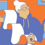 Abstract illustration of an elderly person with glasses holding a large scroll, surrounded by symbols of technology and security, such as a computer screen and a locked padlock