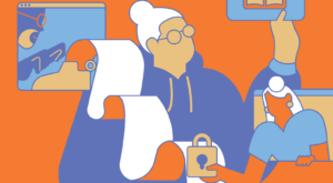 Abstract illustration of an elderly person with glasses holding a large scroll, surrounded by symbols of technology and security, such as a computer screen and a locked padlock