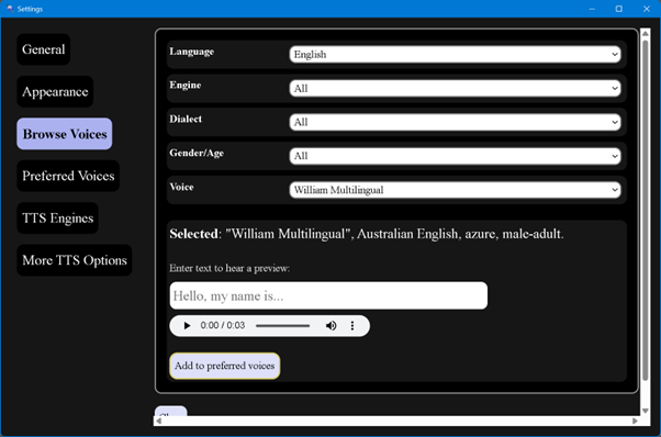The browse voices tab in DAISY Pipeline settings dialog box