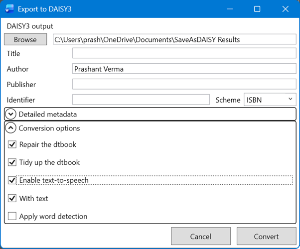 Export to DAISY dialog box