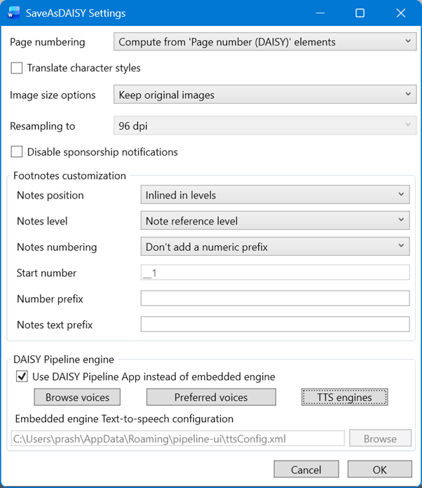 Save As DAISY settings dialog box