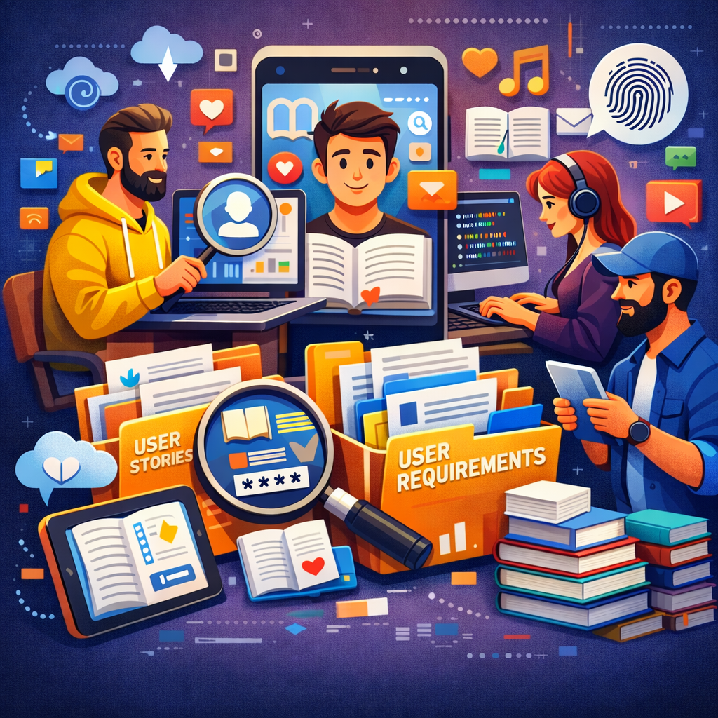 Illustration of 3 app developers investigating at user requirements