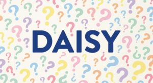 "DAISY" written on a background of pastel question marks