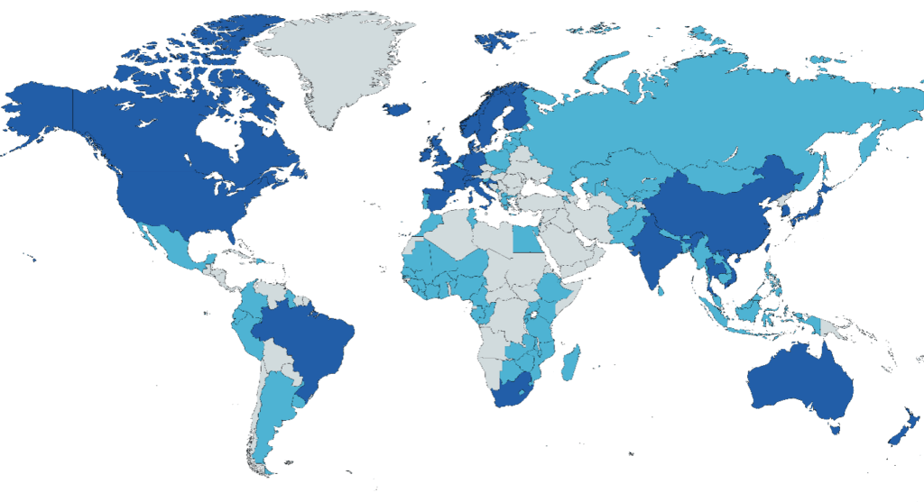 World map approximately three quarters  highlighted in blue to illustrate the DAISY Consortium global community.