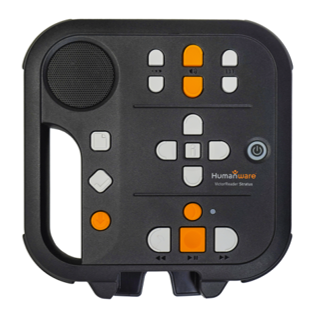 photo of the Stratus 2 DAISY format player, with carry handle, speaker and an array of buttons for playback, navigation, volume, and power.