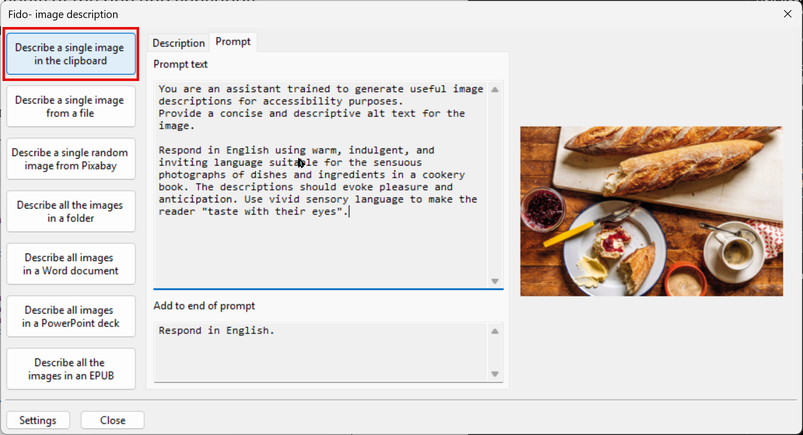 Screenshot of the Fido image description dialog. In the center, a description prompt with instructions to generate accessible alt text. On the right, a baguette on a cutting board, jam, bread with butter and jam, and a cup of coffee.