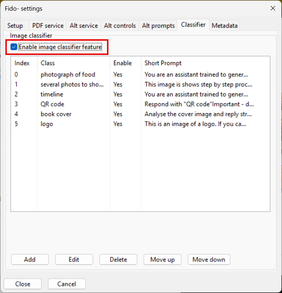 Screenshot of the "Classifier" tab in Fido settings. The "Enable image classifier feature" checkbox is selected. A list of image classes is displayed, including "photograph of food," "several photos to show," "timeline," "QR code," "book cover," and "logo," each with a corresponding short prompt.