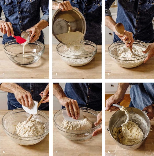 Panel of 6 images showing a step-by-step process for bread making