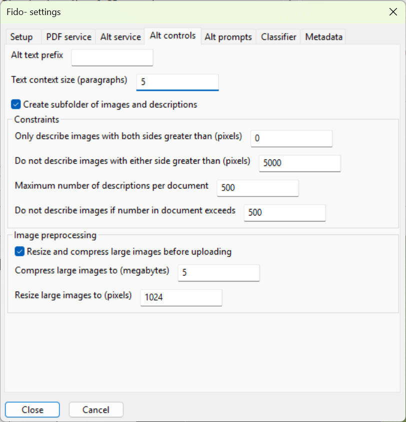 A screenshot of the Alt controls tab in Fido's Settings dialog.
