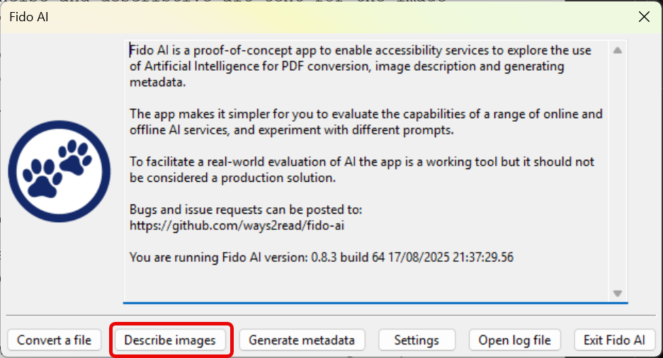 Screenshot of the "Fido AI" application main screen. The button 'Describe images' is highlighted.