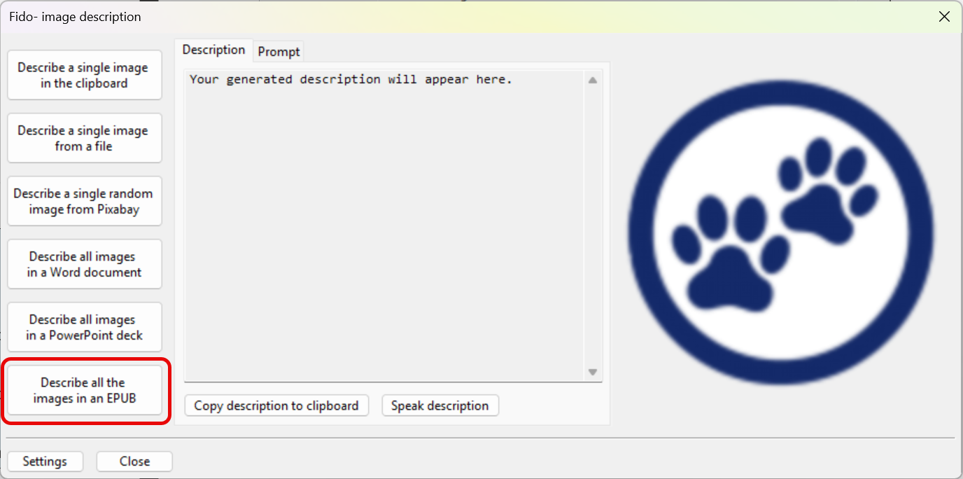 Screenshot of the "Fido AI" image description dialog. The button ' Describe all the images in an EPUB' is highlighted.