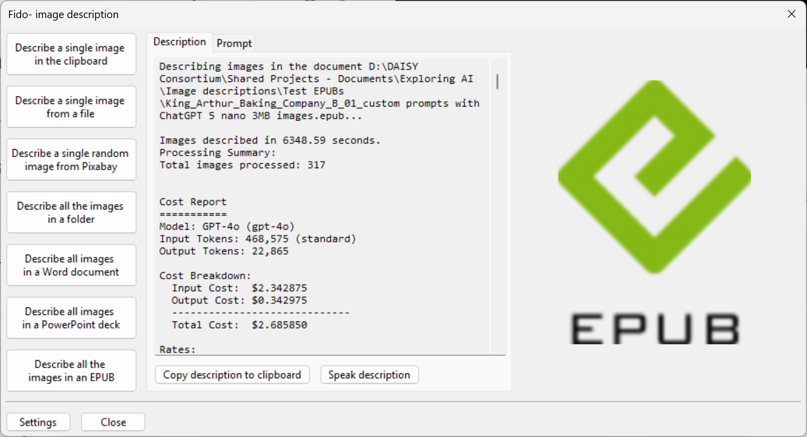 A screenshot of Fido's image description dialog. The main window shows a processing summary and cost report.