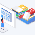 illustration of a woman interacting with a giant digital book, with a pile of other books in the background