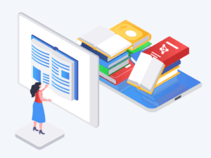 illustration of a woman interacting with a giant digital book, with a pile of other books in the background