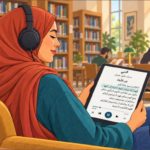 Illustration: a woman wearing a hijab and headphones sits in a library armchair, listening to an audiobook on a tablet, with a white cane beside her. The screen displays an AI-generated Arabic translation of an excerpt from “On Children” in The Prophet by Kahlil Gibran.