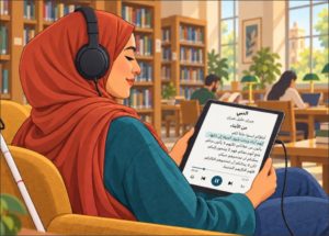 Illustration: a woman wearing a hijab and headphones sits in a library armchair, listening to an audiobook on a tablet, with a white cane beside her. The screen displays an AI-generated Arabic translation of an excerpt from “On Children” in The Prophet by Kahlil Gibran.