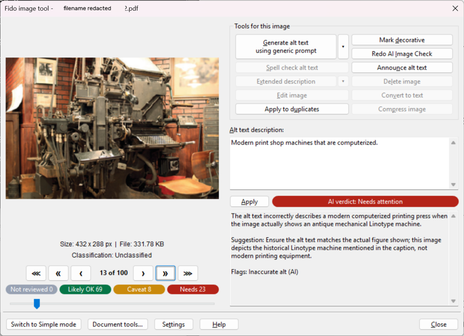 Screenshot of the Fido image tool. The left side displays an image preview with review status tallies below in grey, green, amber and red shapes. The right side features image-editing buttons, an editable text box containing the generated alt text description, and an AI assessment panel highlighting issues and suggestions under the status "AI verdict: Needs attention."