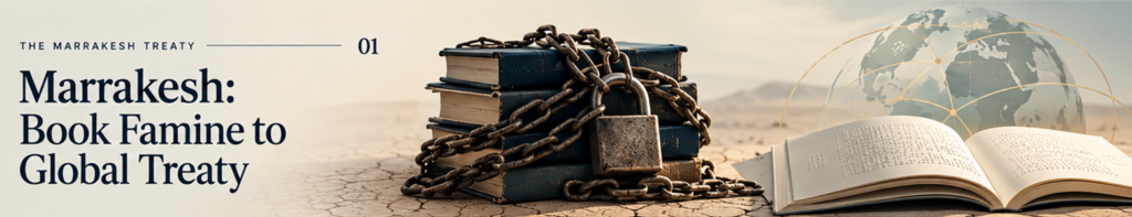 Book Famine to Global Treaty: A pile of four books chained and padlocked on a dry and lifeless desert floor beside a braille book and virtual globe