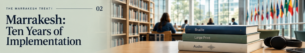 Ten Years of Implementation: a library with a number of international flags down one wall, on a table sit three books representing audio, braille, large print.