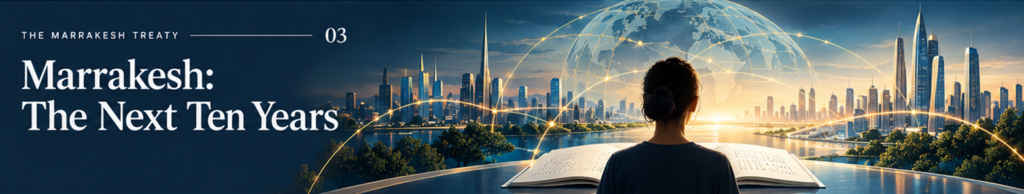 The Next Ten Years: futuristic image of someone standing before a large braille book in front of an interconnected digital globe and future city skyline