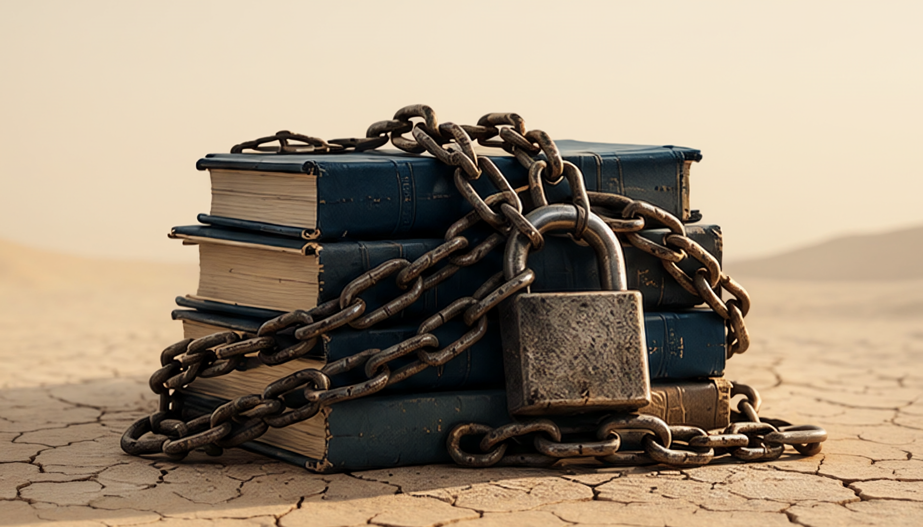 A pile of four books chained and padlocked on a dry and lifeless desert floor