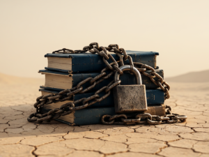 A pile of four books chained and padlocked on a dry and lifeless desert floor