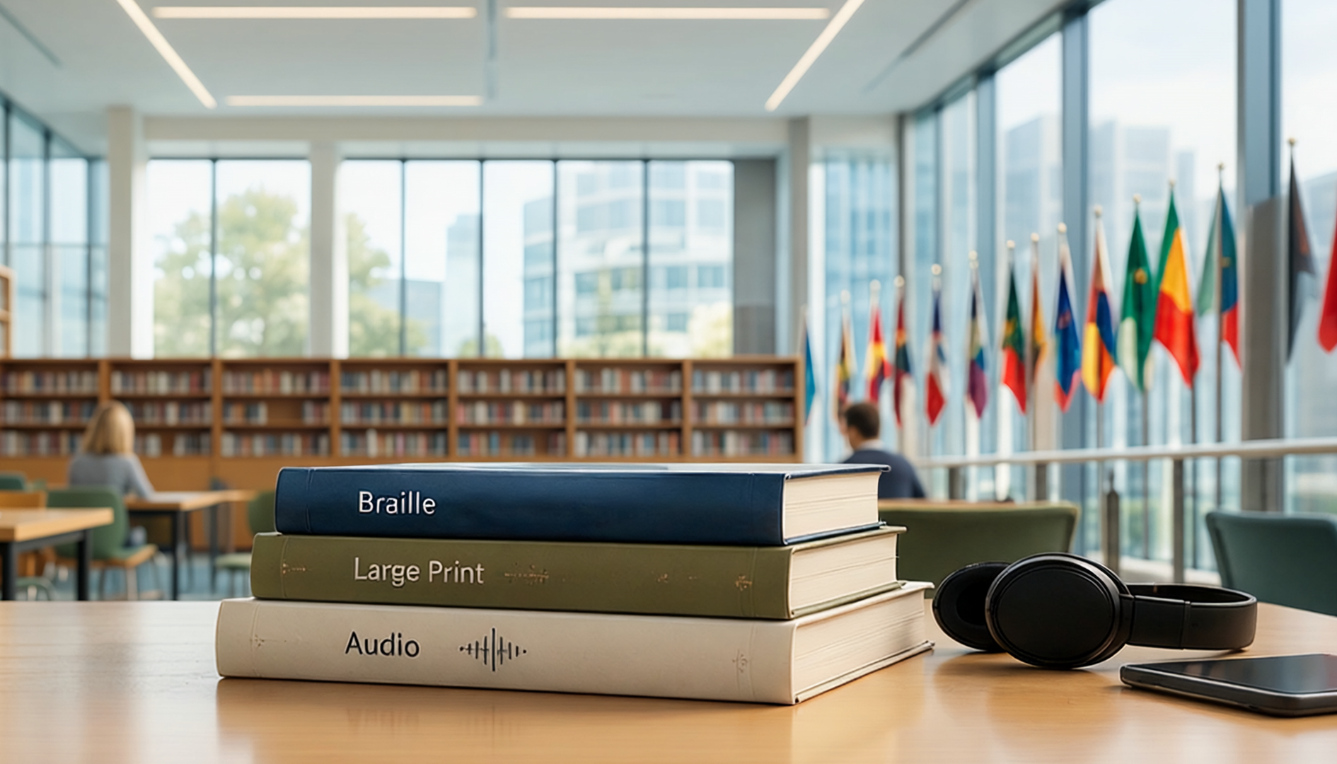 a library with a number of international flags down one wall, on a table sit three books representing audio, braille, large print.