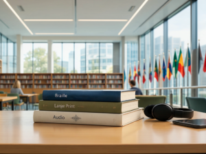 a library with a number of international flags down one wall, on a table sit three books representing audio, braille, large print.